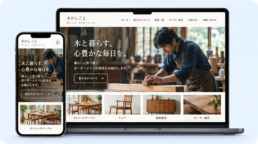 家具・ものづくりのホームページ。木工職人と家具の写真を使ったPC・スマホの表示イメージ